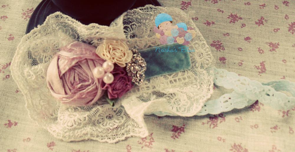 Velvet Headband, Baby Flower Headband, Headbands, Shabby Chic, Pink and Blue Headband, Shabby Chic Baby Flower Headbands
