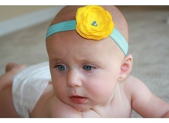 New Item Golden Yellow Small Rossette in Tiffany Blue Headband with Trio of Aquamarine Swarovski
