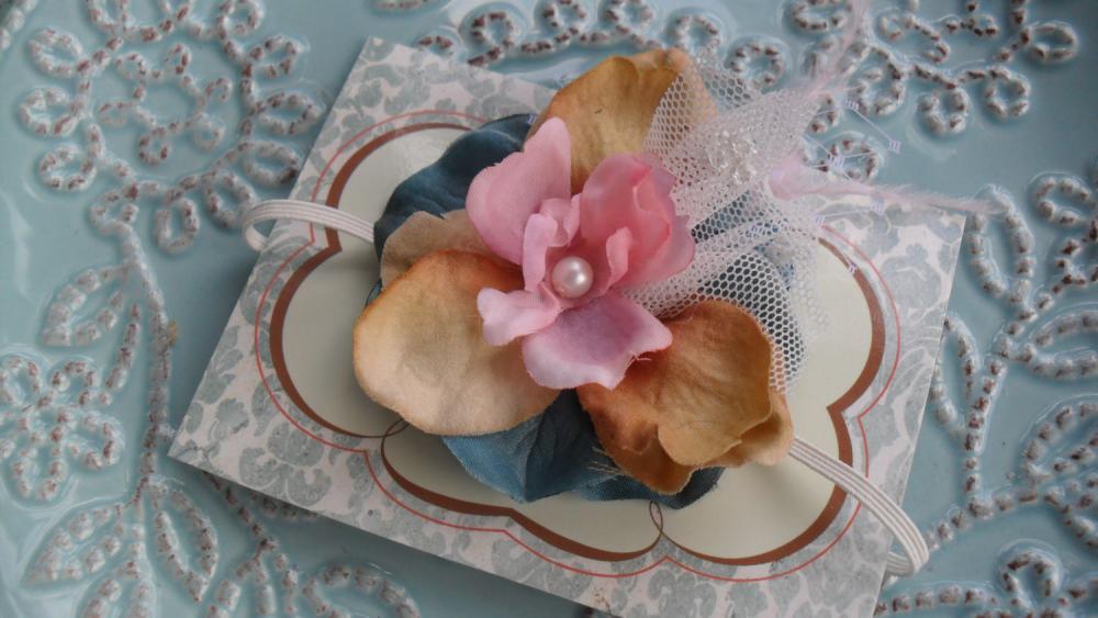 Pink, Antique Taupe and Blue Headband in Ultra Thin White Stretch Ribbon: Great Photoprop, The ELENA