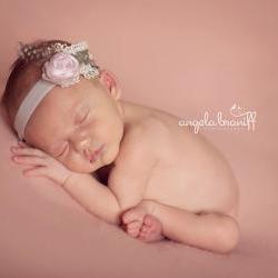 Pink Baby Headband, Holiday Silk Baby Flower Headband, Big Girl Headband, Pink Silk and Grey Velvet Headband